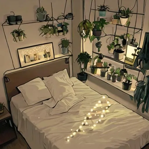 Prompt: apartment plants night string lights beige bedroom plants view