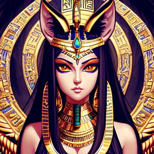 Prompt: Portrait of Egyptian goddess Bastet, fantasy, high detail, dark, Dreamy, anime

