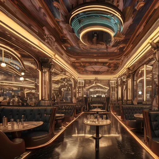 Prompt: futuristic large vienna cafe within moon base, decadent, neon, many tables and chairs, mirrors, wood paneling, realistic details, photorealistic, 8k render, cinematic lighting, ultra detailed