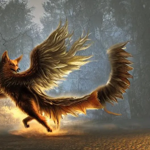 Prompt: a winged angle wolf fighting a winged demon wolf