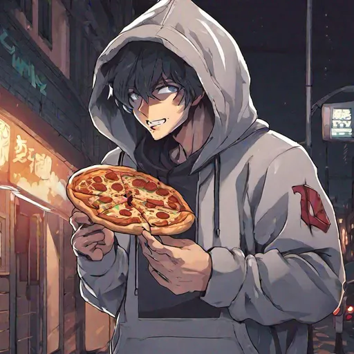 Prompt: anime man wearing hoodie eating pizza in dark street