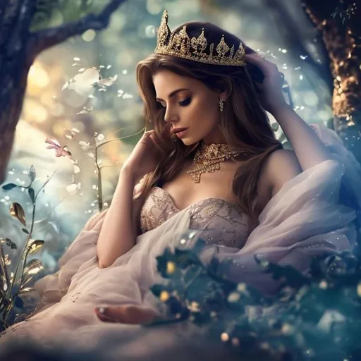 Prompt: WOMEN DRESSED LIKE A QUEEN A SLEEPING IN A FOREST WITH LOTS OF PRECIOUS JEWELLERY WORLD, 4 K