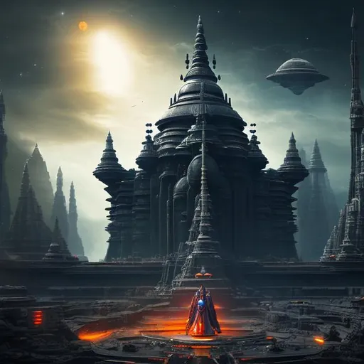 Prompt: Outer space, spacecraft, spaceship, robot, Hindu god, shiva, lord shiva, Hinduism biological, mechanical, robotic, giant, futuristic, dystopian, apocalyptic dark fantasy art style, painting, evil, alien, sci-fi art style, monument, temple, worship, sacrifice 