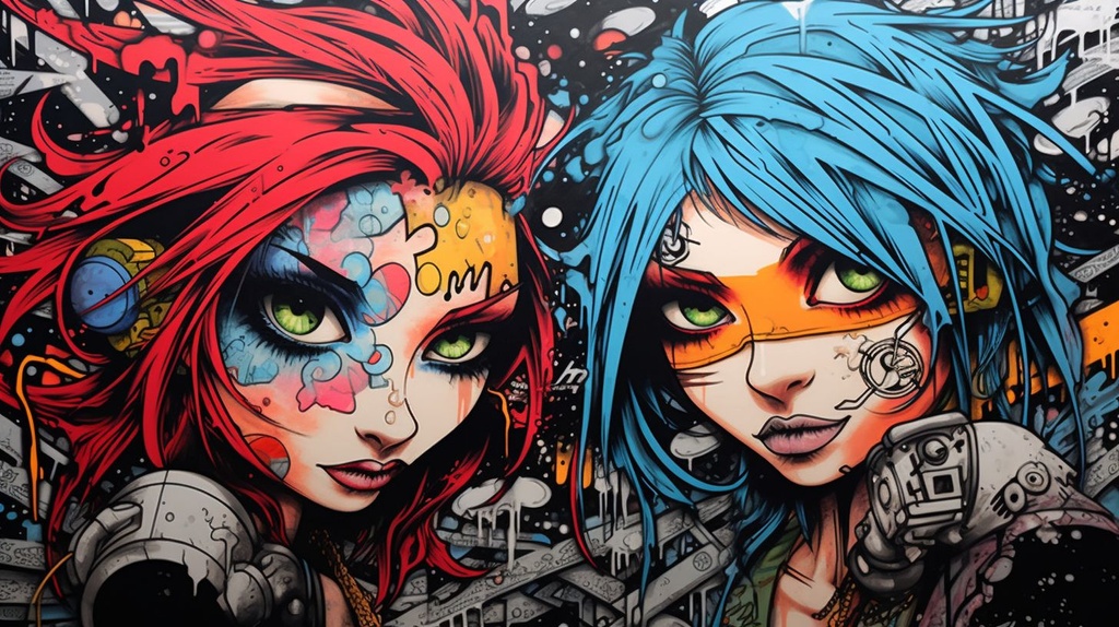 Prompt: rebel punk girls, coloring book, partly colored, in the style of graffiti art,, eye - catching detail, grotesque characters, clamp, dark, 2d