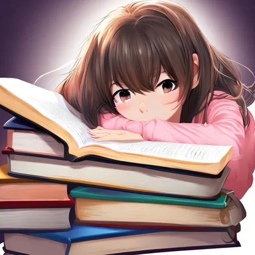 Prompt: Girl sleep on books.anime style 