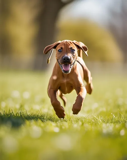 Prompt: A happy brown Rhodesian ridgeback puppy running freely across a large grassy field on a sunny spring day. Shallow depth of field keeps the sprinting puppy in sharp focus while softly blurring the background of trees and humans. Fast shutter speed freezes the energetic pup mid-run, ears flapping in the wind and tongue wagging with joy. Shot with a Sony A7R III using a 70-200mm lens at f/2.8 at 1/1000 shutter speed. Bright, fun lighting enhances the playful mood.