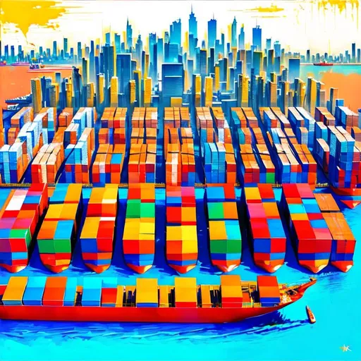 Prompt: An overhead view of a vibrant city skyline with a large barge carrying several brightly colored shipping containers, showing how their products can easily be transported to any destination. The artwork should focus heavily on contrasting colors and perspectives to show the scale of the company's capabilities. 