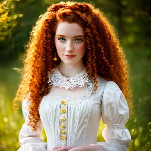 Prompt: Cottagecore scotland lass red long curly hair, yellow ambar eyes, pale skin with freckes 
Dressing like 18th century gown
