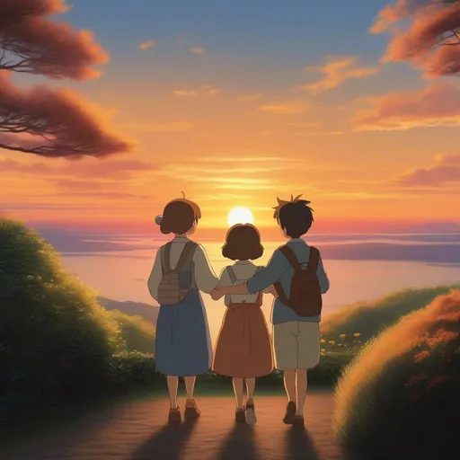 Prompt: ghibli film sunset scene, 2 characters, hugging, light, sunset.