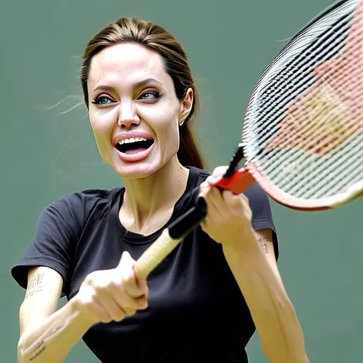 Prompt: angelina jolie playing badminton hard core