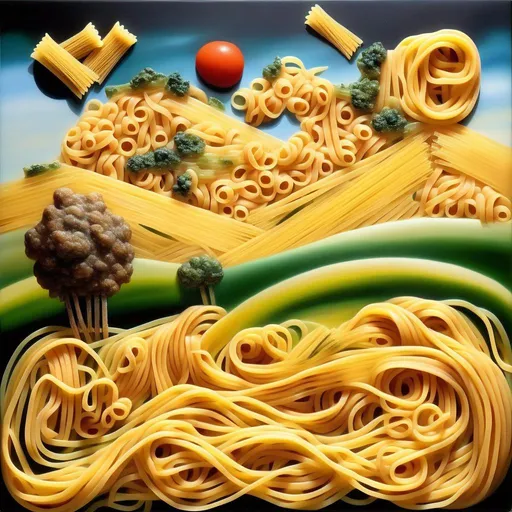 Prompt: a landscape with pasta, surrealistic painting