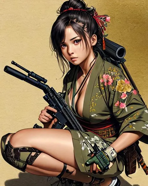 Prompt: (((Yoji Shinkawa))), sticker of ultra detailed portrait of Naomi Scott in japanese kimono,Kanzashi head accessories, high quality cell shaded illustration in post apocalyptic style by Yoji Shinkawa,(((squatting pose))), ((zoomed in face)),  (((gun in hand))), (((Detailed hands))),perfect anatomy, centered, freedom, soul, brown long hair, approach to perfection, cell shading, 4k , cinematic dramatic atmosphere, watercolor painting, global illumination, detailed and intricate environment, artstation, concept art, fluid and sharp focus, volumetric lighting, cinematic lighting, Art by Yoji Shinkawa and by Ilya Kuvshinov 
