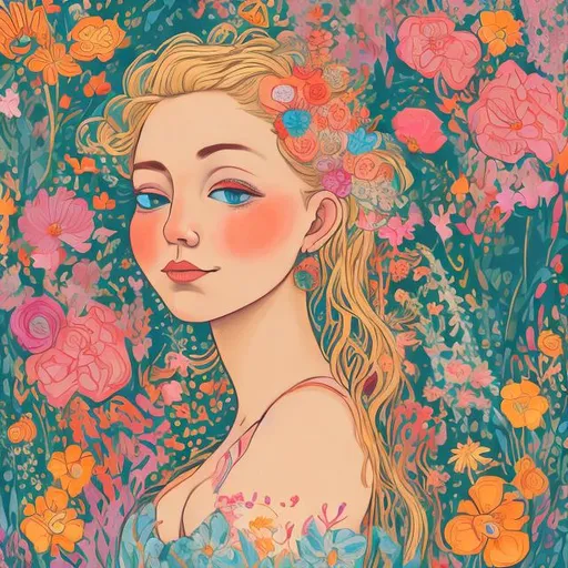 Prompt: A woman with blonde hair, she has lots of flowers in her hair and on her dress, dancing in a garden of flowers
