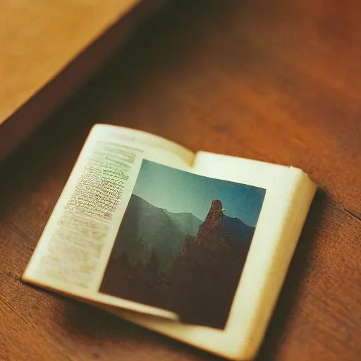 Prompt: An old book sitting on a table with a torn picture photograph inside