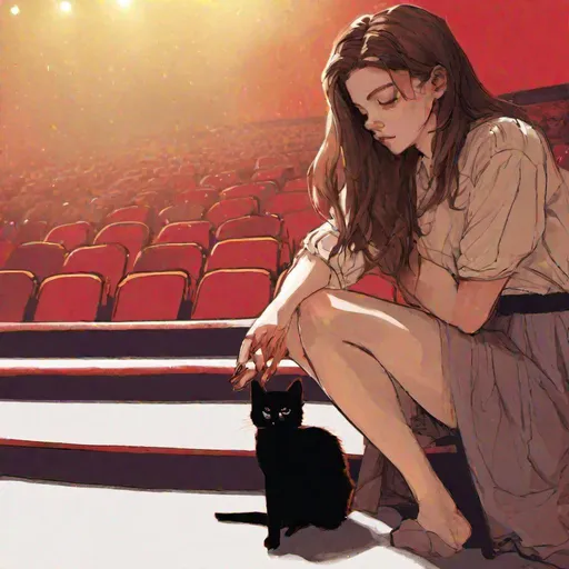 Prompt: a photo of a young human with shoulder-length brown hair sitting on the edge of a stage in a theater, looking forward with her legs dangling over the edge of the stage which is lit in red and gold, she is staring sadly into her lap while a cat approaches her from her left and touches her arm with its paw. The cat's colors are black and white with cow pattern but it is translucent. high resolution, 100k, UHD
