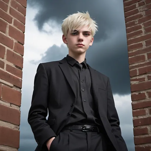 Prompt: Boy, 16 years old, tall like 5'10", dark blue eyes, short cut straight but messy platinum blonde hair, evil smirk on his face, white skin, black suit jacket, black pants, and black long sleeve buttoned up shirt, with black shinny shoes, and leaning against tall brick building with grey clouds above and looks like its gonna rain set back in mid evil fantasy times