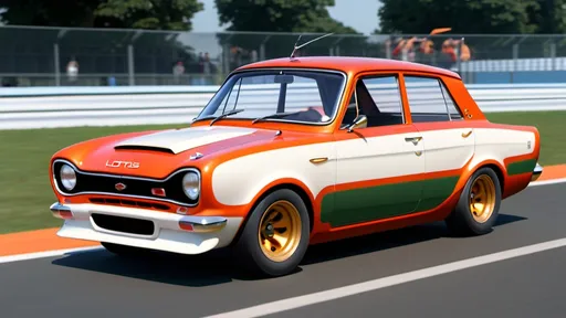 Prompt: lotus Cortina 
, tri tone  red and gold  , gold rims, large whale tail, , driver in car in white racing suite with orange tinted visor 
