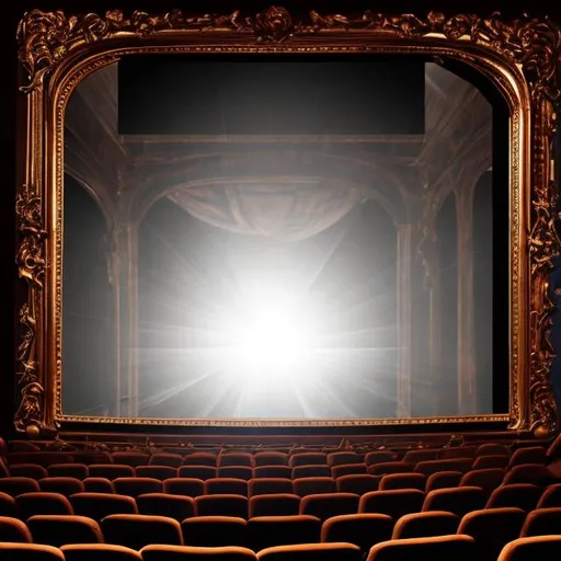 Prompt: a theatrical stage with a mirror reflecting back at the audience.