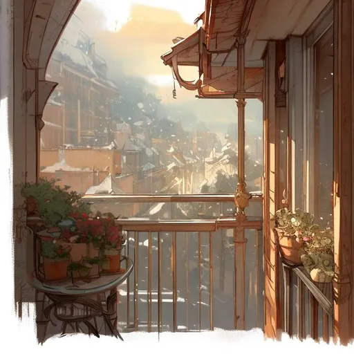 Prompt: concept art design of a cozy balcony artstation sketch by demizu posuka close up warm colors