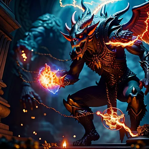 Prompt: (extremely detailed 8k wallpaper), a full body shot photo of a fearful undead gargoyle necromancer holds in left hand a wand and in the right hand he is casting a pulsing fireball, intricate, high detail, dramatic