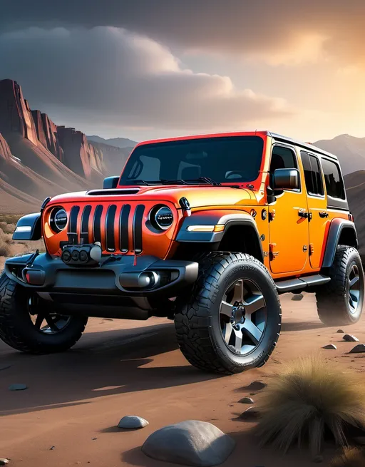 Prompt: (JEEP WRANGLER AS AN EV), (futuristic design), sleek electric features, vibrant colors, high-tech details, off-road setting, rugged terrain, dramatic lighting, showcasing innovation, enhanced wheels and trims, eco-friendly graffiti on the sides, (4K resolution), capturing the essence of adventure and sustainability, (ultra-detailed) background reflecting natural landscapes.