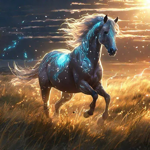 Prompt: An translucent horse with rabies that is glowing, jumping in the grasslands, sunrise, beneath the stars, bioluminescent, highres, best quality, concept art