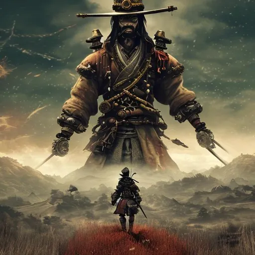 Prompt: Create wa wallpaper for pc with a samurai in a field with steam punk elements and a city at a distance. With faded red and brown colors. In a nature setting. Some gray out mountains and a its dusk. He is beaten but not out of the fight.
