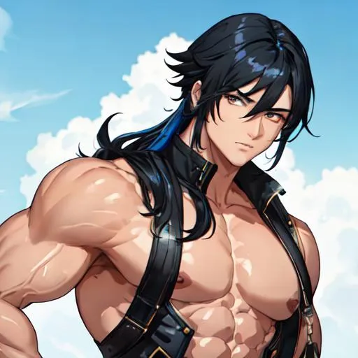 Prompt: Male (black hair in the front blue hair in the back) (brown eyes) buff, muscular. UHD, 8K, 