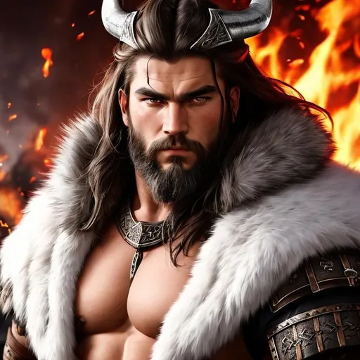 Prompt: Create a dramatic portrait of a Viking berserker. The man should be depicted in mid-battle, with his eyes blazing with fury and his muscles tense with the effort of combat. He should be dressed in traditional Viking clothing, with a fur cloak and leather armor that have been battle-worn and stained with blood. The portrait should capture the intensity and brutality of the fight, with a focus on the details of the warrior's facial features and the textures of his clothing and weapons. Use a color palette of deep blues and grays, with pops of vivid reds and oranges to create a sense of chaos and danger. Pay close attention to the use of light and shadow to create a dynamic and immersive image that draws the viewer into the heart of the battle. The overall effect should be one of raw physicality and unbridled ferocity, capturing the true spirit of the Viking berserker.