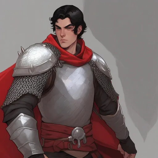 Prompt: dnd a male human fighter with short black hair wearing chain mail and a red cape in a training ground