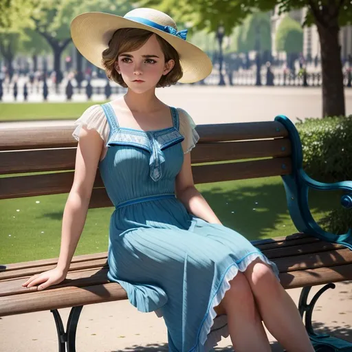 Prompt: old time photo of young emma Watson, dressed with 1920s very short hair, wearing a summer hat, long, flowing, blue spring dress, sitting on a park bench in Paris, France, raw photo, photorealistic, High Detail, dramatic, UHD, HDR raw photo, realistic, sharp focus, 8K high definition, insanely detailed, intricate, high quality, 