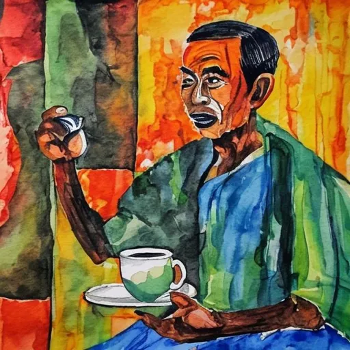 Prompt: Expressionism painting javanese
man enjoying a cup of coffee
