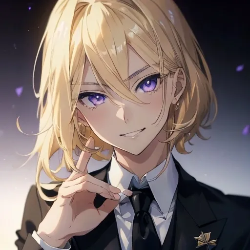 Prompt: Anime portrait of an androgynous blonde-haired boy, beautiful purple eyes, mid-length hair, wearing a black suit with a white shirt and black tie, sharp focus, high detail, photoshoot style, teenagers, sharp eyes, smirking, best quality, anime, detailed eyes, professional, sharp design, crisp and clear, affectionate gaze, cool tones, Smiling. 