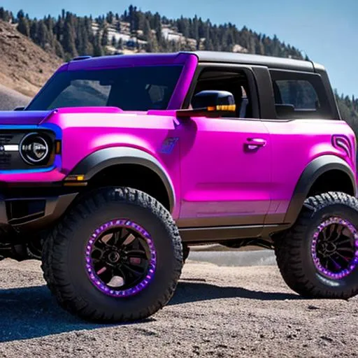 Prompt: A neon blue 2022 ford bronco with monster truck wheels. On the Rocky Mountains during a bright and vibrant orange, purple, pink, red, and yellow coloured sunset.