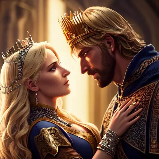 Prompt: medieval, fantasy, UHD, 8k, high quality, cinematic lighting, special effects, hyper realism, Very detailed,  high detailed face, full view of an King and a queen engaging in battle