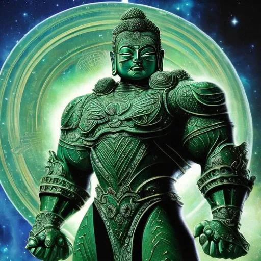 Prompt: emerald armored bodybuilding buddha, widescreen, infinity vanishing point, spiral galaxy background