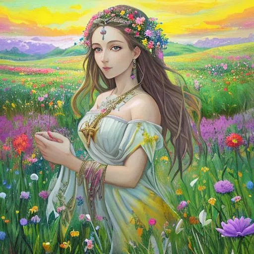 Prompt: A painting of a goddess in a field of flowers 