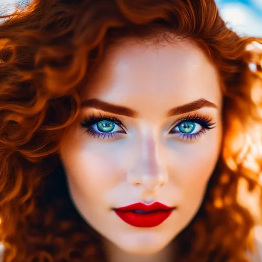 Prompt: 3rd person view of a woman, wavy red  hair, blue eyes, red lips
