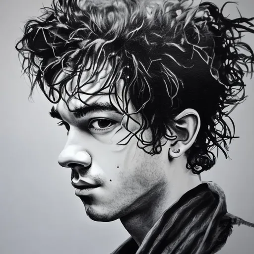 Prompt: Matty Healy very detailed black and white painting made with love.