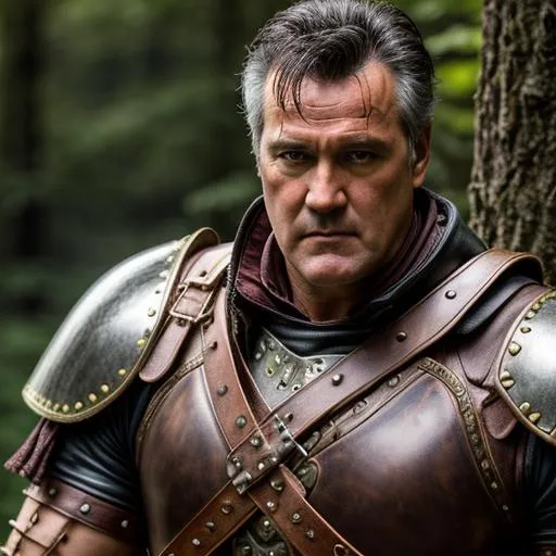 Prompt: Create a photograph of a Celtic warrior using bruce campbell as the basis, leather armor,  extremely detailed environment, detailed background, intricate, detailed skin, natural colors , professionally color graded, photo realism, 8k, moody lighting, 