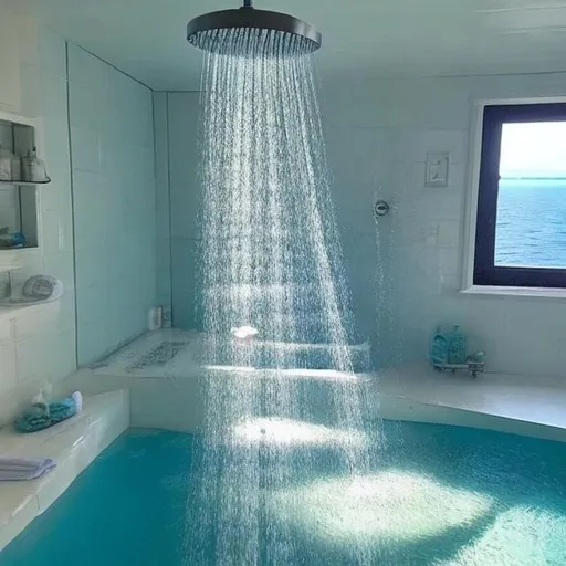 Prompt: make a shower in the middle of the sea  
