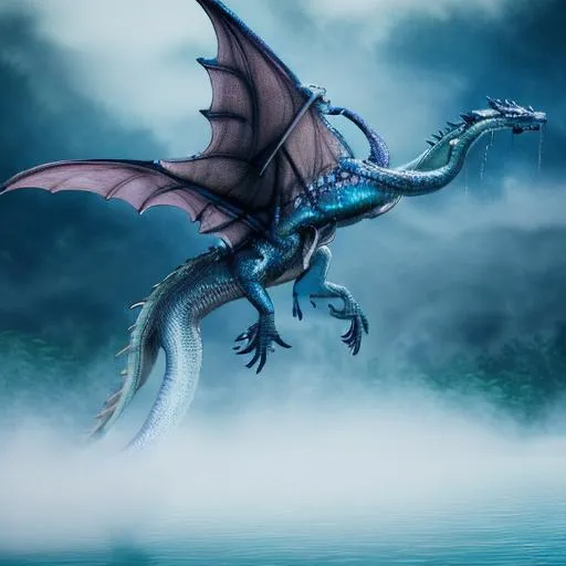 Prompt: flying water dragon, blue armor scales, mysterious fog lake background, hyper realistic, full body, chinese style, dragon head full of blue crystal scales and sharp horns