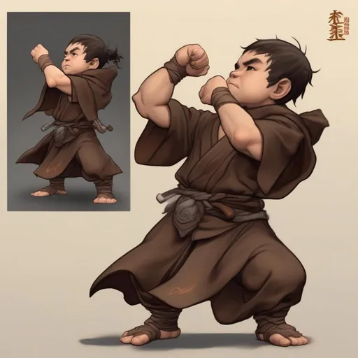 Prompt: Halfling, wearing Kenpogi, fighting robe, dark brown and brown in color, masterpiece, best quality, in cartoon style