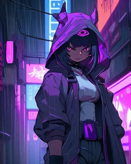 Prompt: A cyberpunk assassin lurks in a foggy neon-lit Tokyo alleyway, laser blade glowing purple as she prepares to strike her target. Flickering holograms and signs illuminate her stoic face. In the style of Ash Thorp