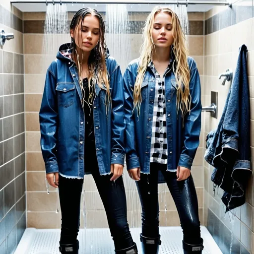 Prompt: photo of young woman, soaking wet clothes, small black boots, tight long dark jeans, dripping wet denim jacket and checkered shirt with long sleeves,  , two girls with soaked dripping wet blond hair standing in the shower,   enjoying, water dripping from clothes, clothes stuck to body,  detailed textures of the wet fabric, wet face, wet plastered hair,  wet, drenched, professional, high-quality details, full body view.