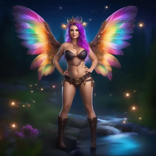 Prompt: Wide angle. Whole body showing. Photo realistic. Detailed Illustration. Beautiful, buxom woman with broad hips and incredible bright eyes, and colorful hair, standing next to a stream on a breathtaking, colorful starry night. Wearing a colorful, shiny, sparkling, dangling, skimpy, sheer, flowing, steampunk, Witch, fairy outfit with distinct wings. Winged fae flying about.