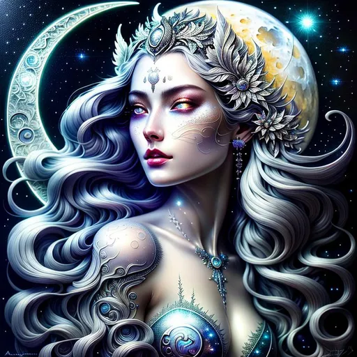 Prompt: Beautiful moon goddess covered in nightly glow with detailed silver features in the moon with illuminating moonshine, beams; by anna dittmann, floradriel, digital painting, extreme detail, 120k, ultra hd, hyper detailed, white, wlop, digital painting; crystal body, Anime Character, Detailed, Vibrant, Anime Face, Sharp Focus, Character Design, Wlop, Artgerm, Kuvshinov, Character Design, Unreal Engine, Vintage Photography, Beautiful, Tumblr Aesthetic, Retro Vintage Style, Hd Photography, Hyperrealism, Beautiful Watercolor Painting, Realistic, Detailed, Painting By Olga Shvartsur, Svetlana Novikova, Fine Art, Soft Watercolor