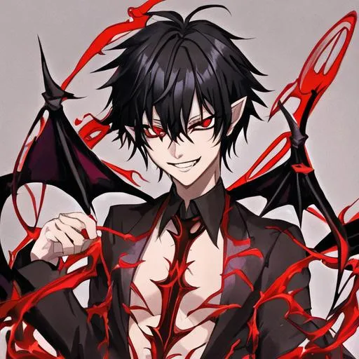 Prompt: Damien (male, short black hair, red eyes), demon form, grinning seductively, cracking a whip