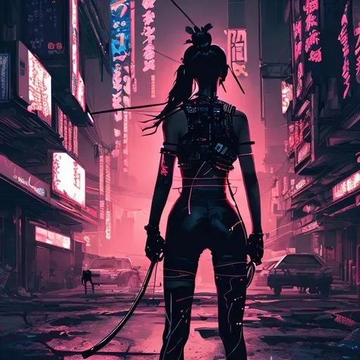 Prompt: Girl with black wavy, in two ponytails, looking back, in a full black body suit, holding a cross bow, samurai at the back, cyberpunk 3d art. 