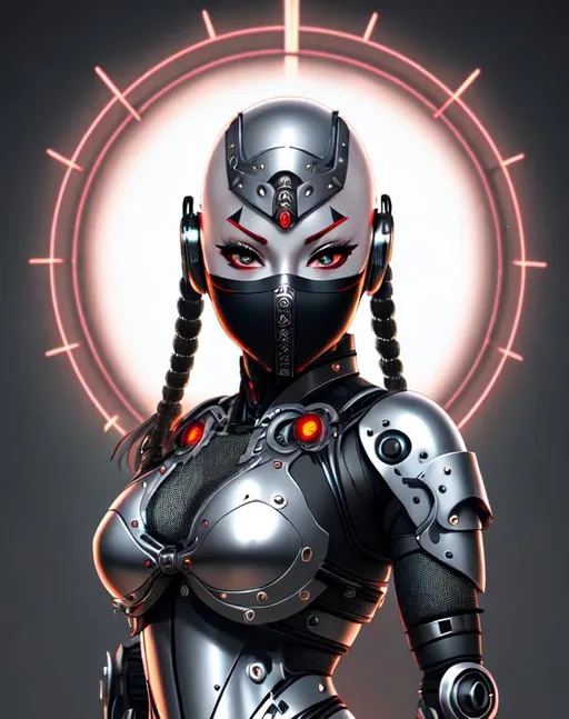 Prompt: Full body portrait, Bald andriod girl with sheathed katana, silver metal skin, cybernetic warrior, cyborg, beautiful, robot, ninja kimono Artifact gear, dramatic, metal skin, cinematic lighting, caustic,metal face mask, ((tribal village background)), cybernetic ninja metal mask covering mouth, sleeveless, metal face, metal cybernetic face mask, ethereal, royal vibe, highly detailed, digital painting, b cup, Trending on artstation , HD quality, Big Eyes, artgerm, by Ilya Kuvshinov